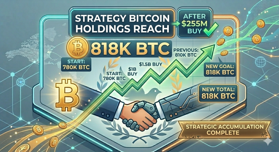 A detailed isometric infographic with a blue, teal, and gold color scheme, illustrating the growth of Strategy Bitcoin holdings. It features a prominent text banner "STRATEGY BITCOIN HOLDINGS REACH 818K BTC" and "AFTER $255M BUY" with a green checkmark. A large upward green graph line tracks multiple milestones to a peak labeled "818K BTC" and "NEW TOTAL: 818K BTC". Centered below the graph is a handshake between a suit hand and a tech hand. The image has floating gold Bitcoin coins and a large gold 'B' icon, all set against a data grid world map. A bottom banner reads: "STRATEGIC ACCUMULATION COMPLETE". All text and numbers are clear.