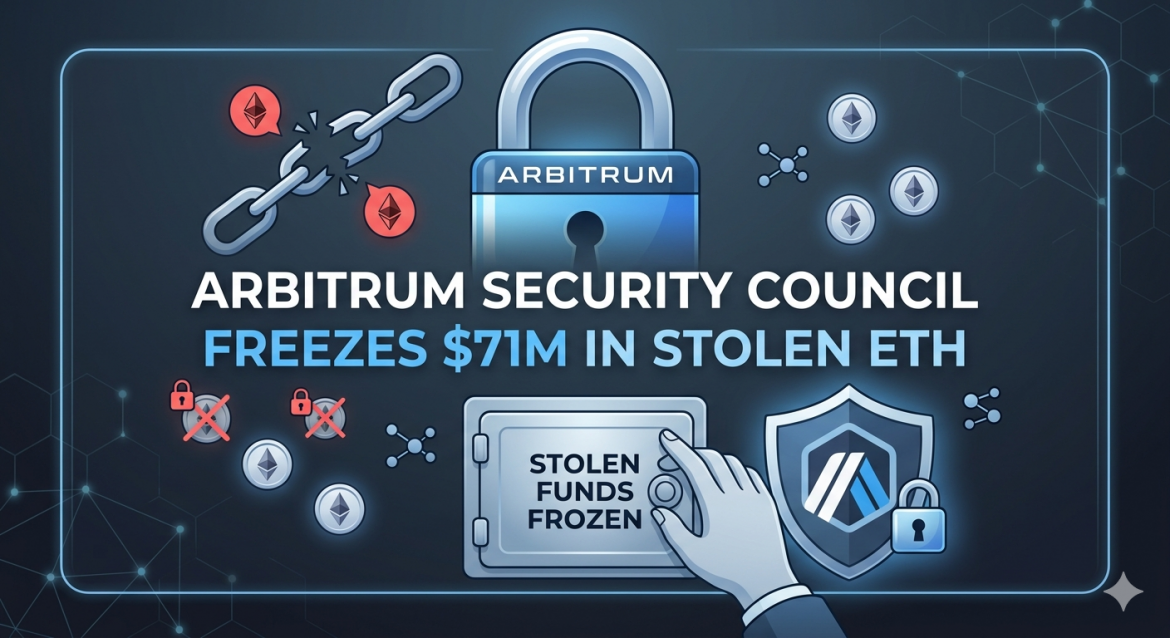 A digital illustration showing the Arbitrum Security Council freezing $71 million in stolen Ethereum. It includes a giant Arbitrum padlock and a hand locking a safe with the text 'Stolen Funds Frozen'.