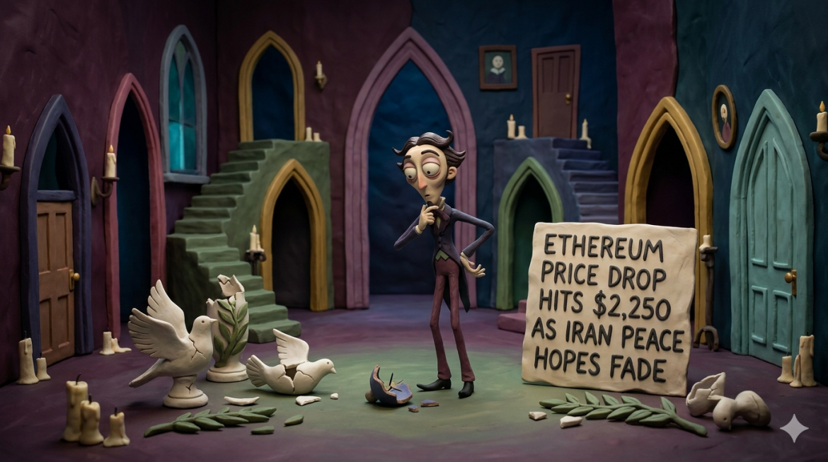 A claymation scene showing an anxious character, broken peace doves, and a sign reading 'Ethereum Price Drop Hits $2,250 as Iran Peace Hopes Fade'.