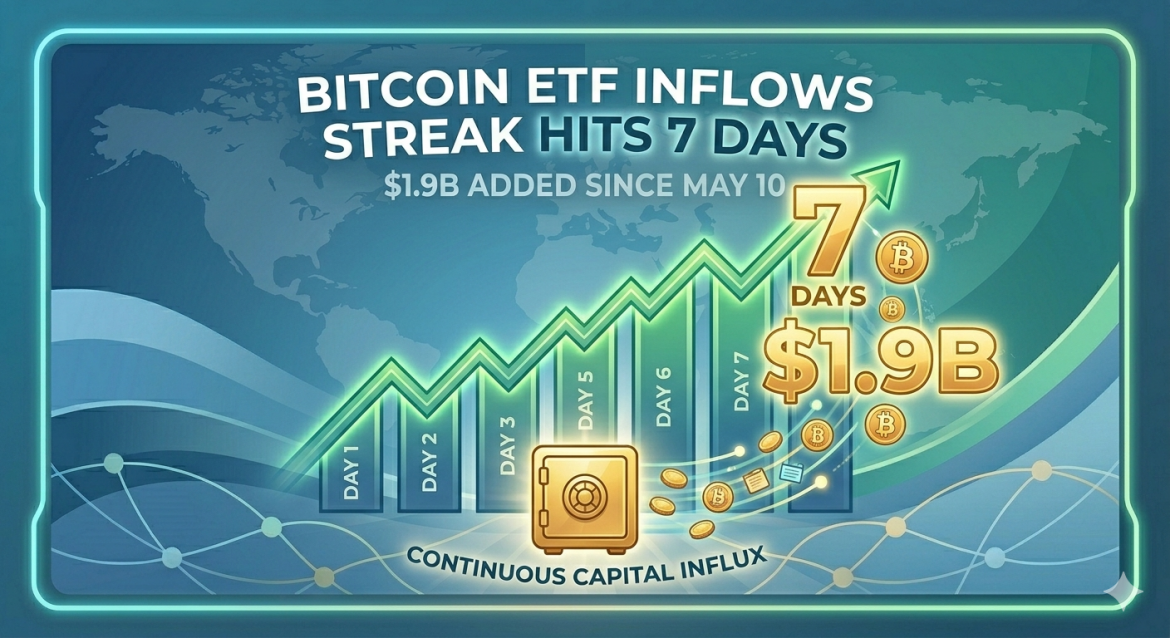 A digital illustration showing a rising green graph with vertical bars. Glowing gold numbers '7 DAYS' and '$1.9B' are highlighted at the top, linked to a flowing stream of gold Bitcoin coins into a safe. Text reads "BITCOIN ETF INFLOWS STREAK HITS 7 DAYS".