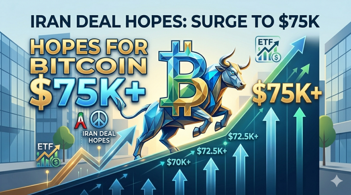 A dynamic financial infographic illustrating Bitcoin's path to $75K, featuring a geometric faceted bull, multiple rising charts, text panels, and a prominent 3D text block. Large text at the top and bottom summarizes the Iran Deal hope and the $75K+ target, while central graphs and multiple labels track the upward progress.