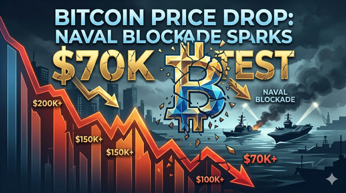 A fractured blue geometric Bitcoin symbol collapsing into a steep red chart line with naval ships in a dark, stormy city harbor.