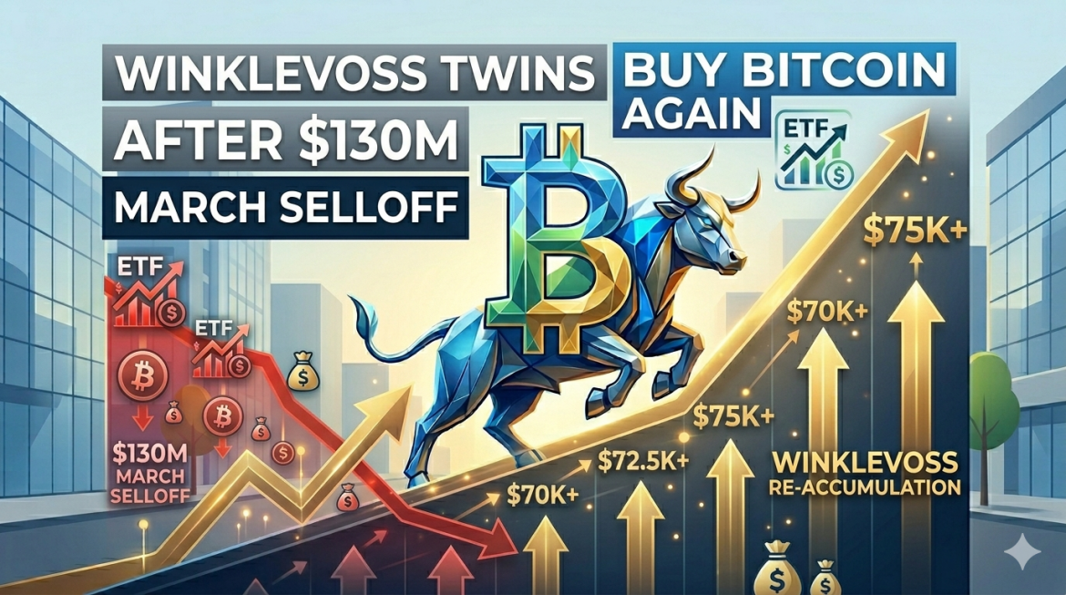 A dynamic financial infographic visualizing a contrast in the Bitcoin market. A prominent geometric blue and green crystal bull charges upwards over a complex multi-line chart against a cityscape. Above, large text reads 'WINKLEVOSS TWINS BUY BITCOIN AGAIN AFTER $130M MARCH SELLOFF'. The chart shows two diverging lines: a powerful golden upward trend labeled 'WINKLEVOSS RE-ACCUMULATION' with price targets, and a sharp red downward cascade labeled '$130M MARCH SELLOFF' with falling icons. Multiple milestones, including price points and specific dollar amounts, are marked with arrows and labels, with various financial and crypto icons integrated.