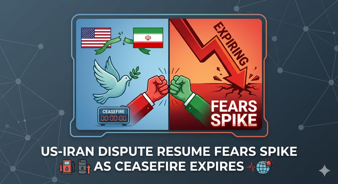 A digital illustration showing a geopolitical conflict graphic with a broken ceasefire dove, clenching red and green hands in a standoff, and a crashing 'Expiring' arrow. The graphic is titled "US-Iran Dispute Resume Fears Spike as Ceasefire Expires".