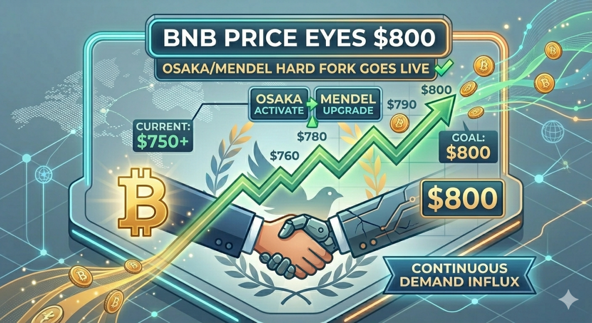 A comprehensive digital infographic titled "BNB Price Eyes $800," set against a technical data grid and world map with gold Bitcoin icons. The image shows a complex network of text labels and numbers, including "CURRENT: $750+," milestones of "$760," "$780," "$790," and an "$800" peak labeled "GOAL." A green chart line moves up across the center, passing a handshake between professional and tech hands, all indicating continuous demand. A prominent gold Bitcoin symbol is on the lower left.