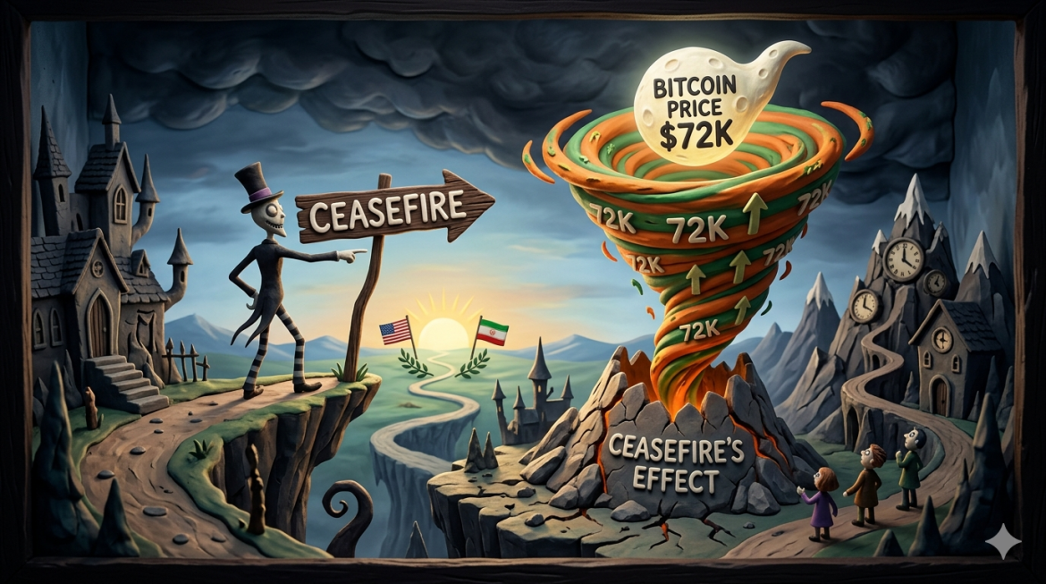 A handcrafted Tim Burton-inspired claymation diorama where a thin gothic figure stands on a precarious cliff. The background is a dreamy surreal landscape of jagged clockwork mountains and winding paths. The character is looking towards a glowing moon that clearly reads "BITCOIN PRICE $72K," signifying a dramatic increase. Below this moon, the figure points toward a calmer, stylized horizon where a stylized sun rises, symbolizing the US-Iran Ceasefire announcement. The entire scene is shot with visible fingerprints and imperfections characteristic of physical stop-motion miniature sets.