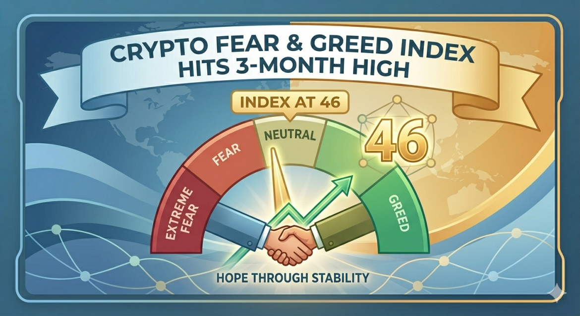 A digital illustration showing a rising market gauge labeled "Crypto Fear & Greed Index Hits 3-Month High". A glowing needle points to a large number "46", integrated with a symbolic handshake and upward green arrow, all against a background that transitions from blue to gold.