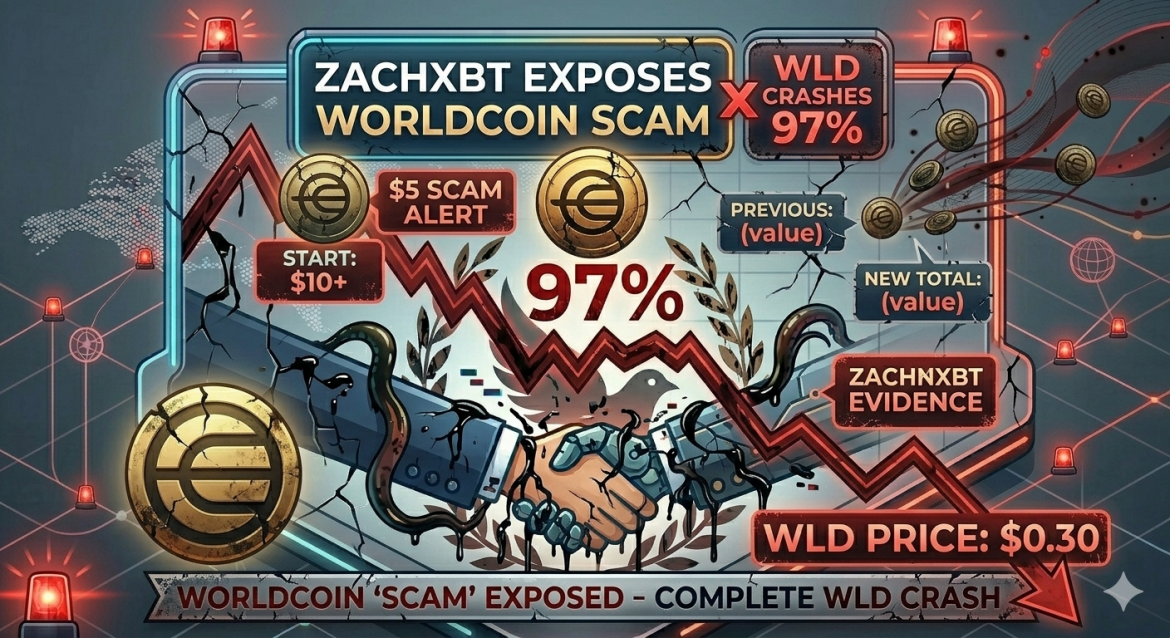 A detailed isometric infographic with a dark, distressed color scheme of red, black, and teal, illustrating a Worldcoin scam exposure and crash. It features prominent text banners "ZACHXBT EXPOSES WORLDCOIN SCAM" and "WLD CRASHES 97%". A catastrophic jagged red graph line crashes violently, with callouts for milestones from a "$10+ START" to a "$0.30 WLD PRICE" and "ZACHXBT EVIDENCE". Centered below the crash is a distressed handshake with tentacles and data glitches. The image has floating, darkened Worldcoin tokens and a large cracked gold symbol, all set against a fractured data grid world map with red emergency sirens. A bottom banner reads: "WORLDCOIN 'SCAM' EXPOSED - COMPLETE WLD CRASH". All text and numbers are clear.