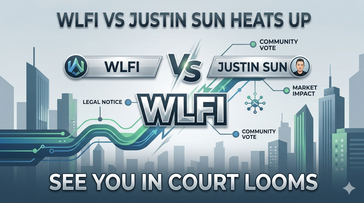 A digital infographic comparing 'WLFI' with a central logo, and 'Justin Sun' with his portrait, separated by a large 'VS' symbol and a growing line graph, with surrounding labels 'LEGAL NOTICE', 'MARKET IMPACT', and 'COMMUNITY VOTE' against a stylized cityscape background.