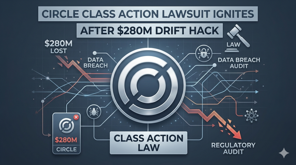 A dynamic financial infographic visualizing the complex legal and market situation surrounding Circle after a $280M Drift hack. A prominent geometric bull charges upwards over a complex chart with price targets. Above, large text reads 'CIRCLE CLASS ACTION LAWSUIT IGNITES AFTER $280M DRIFT HACK'. Below, multiple labels with upward-pointing arrows trace price growth milestones.