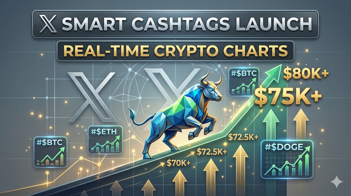 A digital infographic with two large metallic text banners, 'X SMART CASHTAGS LAUNCH' and 'REAL-TIME CRYPTO CHARTS', featuring a charging geometric bull over a grid chart, with floating crypto asset cards for '#$BTC', '#$ETH', '#$DOGE' and multiple price milestones.