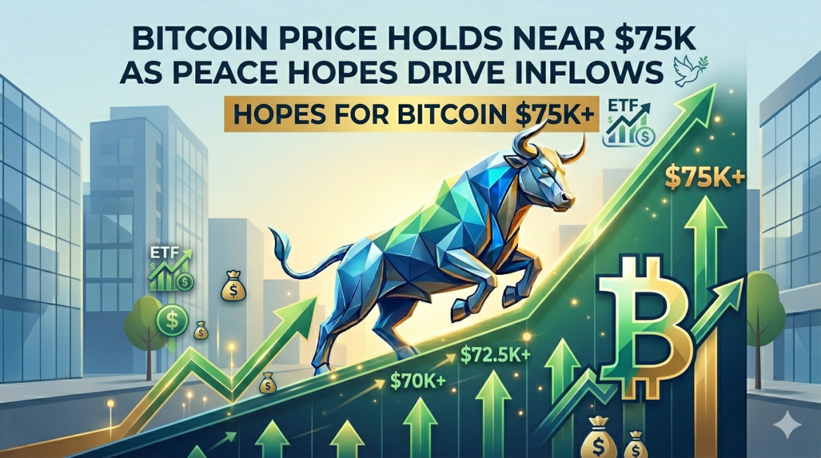 A digital financial infographic on a light grid background, featuring two large metallic text banners, 'BITCOIN PRICE HOLDS NEAR $75K' and 'HOPES FOR BITCOIN $75K+', and a charging geometric blue and green crystal bull over a multi-directional graph chart, with floating crypto asset and peace dove icons and multiple price milestones.