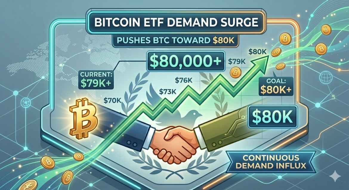 A comprehensive digital infographic illustrating the surge in Bitcoin ETF demand. The graphic features a steep, upward-trending green graph line that connects a handshake between professional and tech-style hands. Multiple text labels and numbers are present, including 'BITCOIN ETF DEMAND SURGE', 'PUSHES BTC TOWARD $80K', and callouts for '$80,000+', '$79K+', and 'CONTINUOUS DEMAND INFLUX', all set against an isometric grid background with scattered gold Bitcoin coins.