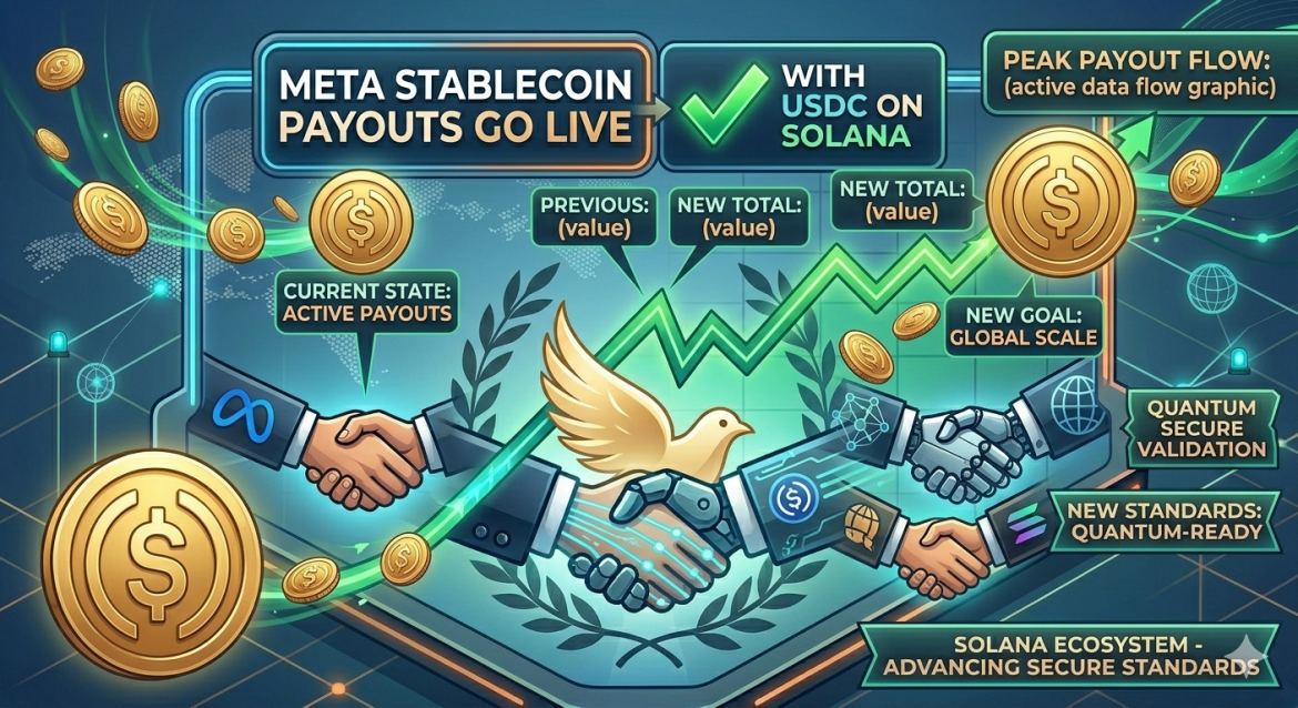 A detailed, isometric style infographic illustration visualizing the launch of Meta's stablecoin payouts using USDC on the Solana blockchain. The image uses a clean, high-tech color palette of teal, blue, green, and gold. At the top, bold text headers read: "META STABLECOIN PAYOUTS GO LIVE" alongside a green checkmark panel stating "WITH USDC ON SOLANA." The central area features an upward-trending green graph line that tracks a symbolic handshake sequence: a traditional business handshake (with a US flag motif) on the left connects to a golden dove of peace, which in turn connects to a robotic, tech-infused handshake on the right. Callout boxes with data indicators are scattered throughout, with labels like "CURRENT STATE: ACTIVE PAYOUTS," "PREVIOUS: (value)," "NEW TOTAL: (value)," and "PEAK PAYOUT FLOW." Golden USDC coins with the '$' symbol float across the scene and form a distinct path from left to right. The background is a clean data grid with a map of the world, dotted with clean data points. Along the right side, vertical callouts read: "QUANTUM SECURE VALIDATION" and "NEW STANDARDS: QUANTUM-READY." At the bottom, a definitive banner states: "SOLANA ECOSYSTEM - ADVANCING SECURE STANDARDS." The entire composition is conceptual, powerful, and authoritative, visualizing seamless global finance.