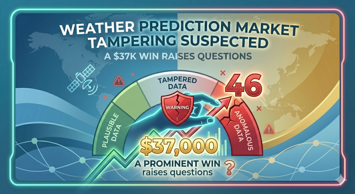 A detailed infographic illustration showing a tampered weather prediction market gauge. A red warning shield and a glowing hand manipulate the needle into an 'ANOMALOUS' zone labeled '46', next to a highlighted gold '$37,000' win. The graphic is titled "WEATHER PREDICTION MARKET TAMPERING SUSPECTED".