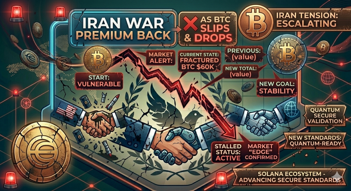 A comprehensive isometric infographic illustration in a tense red, deep teal, and distressed coppery gold style, titled "Iran War Premium Back as BTC Slips & Drops." A jagged deep red graph line crashes violently, with callouts for milestones like "BTC $60K MARKET ALERT," "$3B LIQUIDATIONS," and "GEOPOLITICS RISK," from a "VULNERABLE" start to a "$0.30" value. Three distressed handshakes between human and cybernetic hands are falling apart, surrounded by tentacles, broken oil barrels, and missile silos. The scene features a cracked data grid world map dotted with red emergency sirens and tarnished gold Bitcoin icons. Banners at the right and bottom read "SOLANA ECOSYSTEM - ADVANCING SECURE STANDARDS," but the text is cracked and failing. The text is clear.