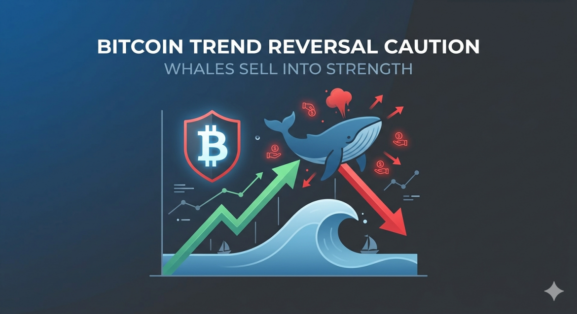 Conceptual illustration of a blue whale leaping at the peak of a Bitcoin graph, right before a red downward arrow, signifying a trend reversal as whales sell into strong prices. Includes text 'BITCOIN TREND REVERSAL CAUTION'.
