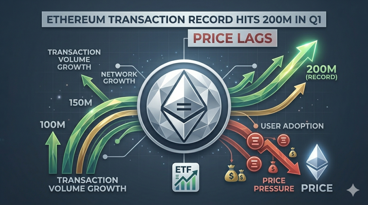A complex financial infographic visualizing conflicting trends in the Ethereum market. Central to the design is a prominent geometric silver Ethereum symbol (Ξ) over a multi-directional graph. Large text at the top reads 'ETHEREUM TRANSACTION RECORD HITS 200M IN Q1' and 'PRICE LAGS'. The chart shows two diverging lines: a powerful golden upward trend with target arrows labeled 'WINKLEVOSS RE-ACCUMULATION' and price targets like '$75K+', '$72.5K+', '$70K+', alongside descending red paths labeled '$130M MARCH SELLOFF' with price targets, falling icons, and fragmented money bags. Specific labels like 'NETWORK GROWTH', 'USER ADOPTION', and 'PRICE PRESSURE' are connected by clean lines. Various financial and crypto icons are integrated, with glowing data points.