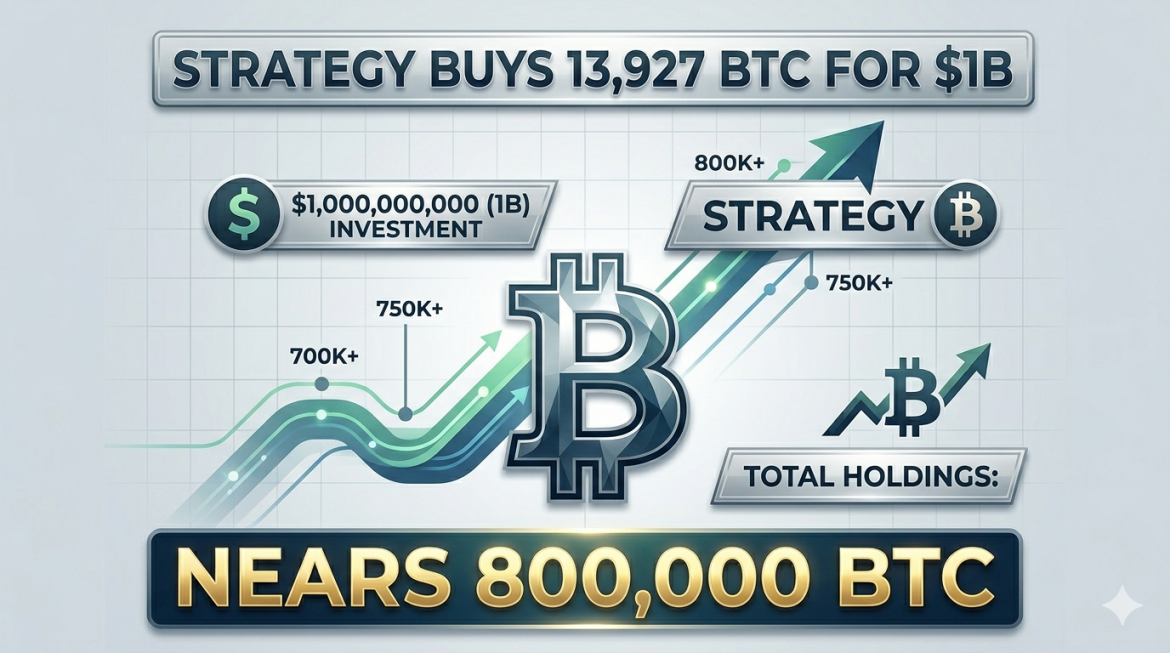 A detailed financial infographic illustrating a massive Bitcoin acquisition and subsequent growth in holdings, featuring multiple graphs, text panels, and icons. Large silver and gold text at the top and bottom summarize a $1B investment to purchase 13,927 BTC and the near 800K total holdings, while central graphs and multiple labels track the upward progress.