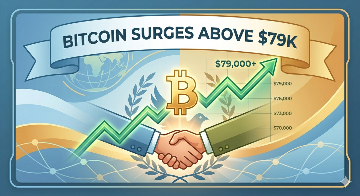 A digital illustration showing a rising green graph with a glowing gold Bitcoin logo labeled "SURGES ABOVE $79K". Below the graph, two hands (blue and green sleeves) are shaking, framed by an olive branch wreath and a peace dove silhouette. The graphic is titled "BITCOIN SURGES ABOVE $79K".