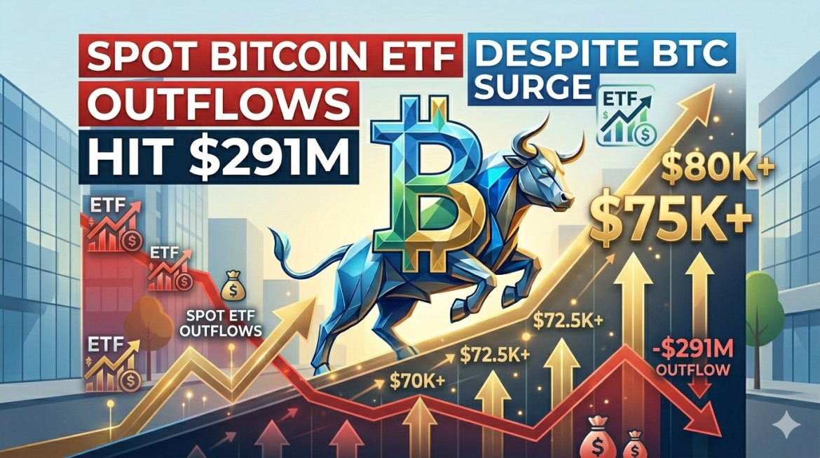 A digital financial infographic set against a modern city skyline, visualizing a complex market narrative with large transcribed text fields. A central blue and green geometric faceted Bitcoin symbol (₿) and a bull are shown amidst dynamic multi-tiered charts, where an upward gold chart and a downward red chart are in clear conflict. Text boxes with arrows explain the elements as: 'BTC Price Surge: Upward Momentum Marks', 'ETF Outflows: Institutional Selling Force', 'Conflicting Market Trends', and 'Volatility'. Small money bag icons are near the ETF icons.