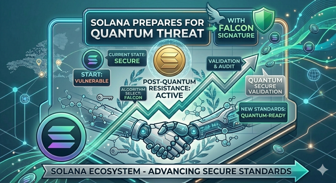 A comprehensive digital infographic illustrating Solana's quantum security measures. The graphic features a large text header "SOLANA PREPARES FOR QUANTUM THREAT WITH FALCON SIGNATURE" and includes a massive central gold Solana logo with "POST-QUANTUM RESISTANCE: ACTIVE". An upward-trending chart line composed of cryptography patterns tracks key milestones from "START: VULNERABLE" to "QUANTUM SECURE VALIDATION". A sophisticated handshake between intricate cybernetic hands is below the graph. Floating Solana tokens and a detailed data world map background complete the scene, which uses a clean blue, teal, orange, and gold palette. The bottom has a banner "SOLANA ECOSYSTEM - ADVANCING SECURE STANDARDS".
