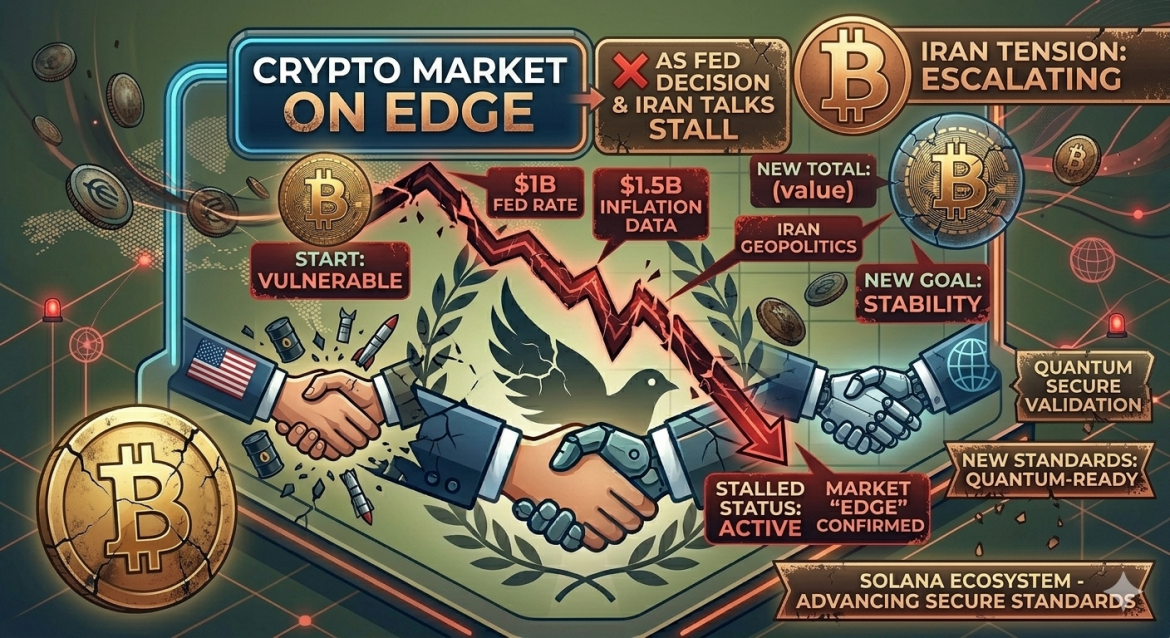 A comprehensive isometric infographic illustration in a tense red, dark teal, and distressed gold style, titled "Crypto Market on Edge as Fed Decision & Iran Talks Stall." A jagged dark red graph line crashes violently, with callouts for "FED RATE," "INFLATION DATA," and "IRAN GEOPOLITICS," from a "$1B" start to a "$0.30" final value. Three distressed handshakes between a suit-clad hand, a cybernetic hand, and a US diplomat hand are shown falling apart, surrounded by tentacles, broken oil barrels, and missile silos. The scene features a fractured data grid world map dotted with red emergency sirens, tarnished gold Bitcoin icons, and floating Worldcoin tokens, indicating complete market distress. Banners at the bottom read "SOLANA ECOSYSTEM - ADVANCING SECURE STANDARDS" but the text is cracked and failing. All text and numbers are clear.
