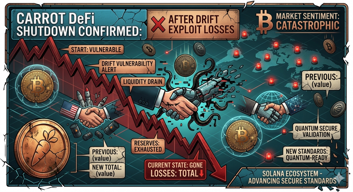 A detailed isometric infographic with a dark, distressed color scheme of coppery-gold, deep red, and dark charcoal grey, visualizing a DeFi project shutdown. It features prominent text banners "CARROT DeFi SHUTDOWN CONFIRMED: AFTER DRIFT EXPLOIT LOSSES." A massive downward red data stream line crashes violently, connecting fractured and distressed handshakes surrounded by oily tentacles and broken military/state symbols. Integrated data callouts trace the collapse: "EXPLOIT DISCOVERED," "DRIFT VULNERABILITY ALERT," "LIQUIDITY DRAIN," "RESERVES: EXHAUSTED," leading to a deep peak with "CURRENT STATE: GONE" and "LOSSES: TOTAL." The scene has a cracked world map data grid dotted with red emergency sirens, tarnished gold Bitcoin icons in cracked spheres, and falling coppery carrot symbols. Banners on the right and bottom are cracked and failing, reading "QUANTUM SECURE VALIDATION," "NEW STANDARDS: QUANTUM-READY," and "SOLANA ECOSYSTEM - ADVANCING SECURE STANDARDS." All text is clear.