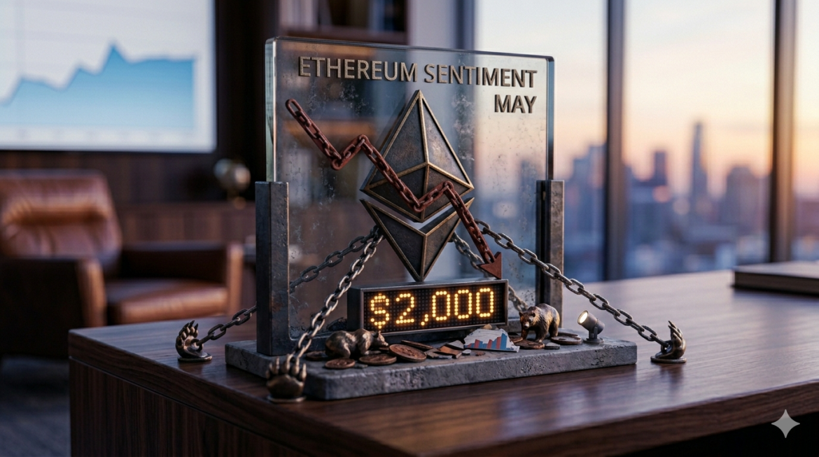 A monumental, physical weathered display for Ethereum Sentiment on an executive desk at twilight, showing a descending sentiment line toward a glowing '$2,000' LED indicator. Heavy anchor chains are secure by stylized bronze bear paws physically circling the mark. The background is a soft, blurred office window and city sunset.