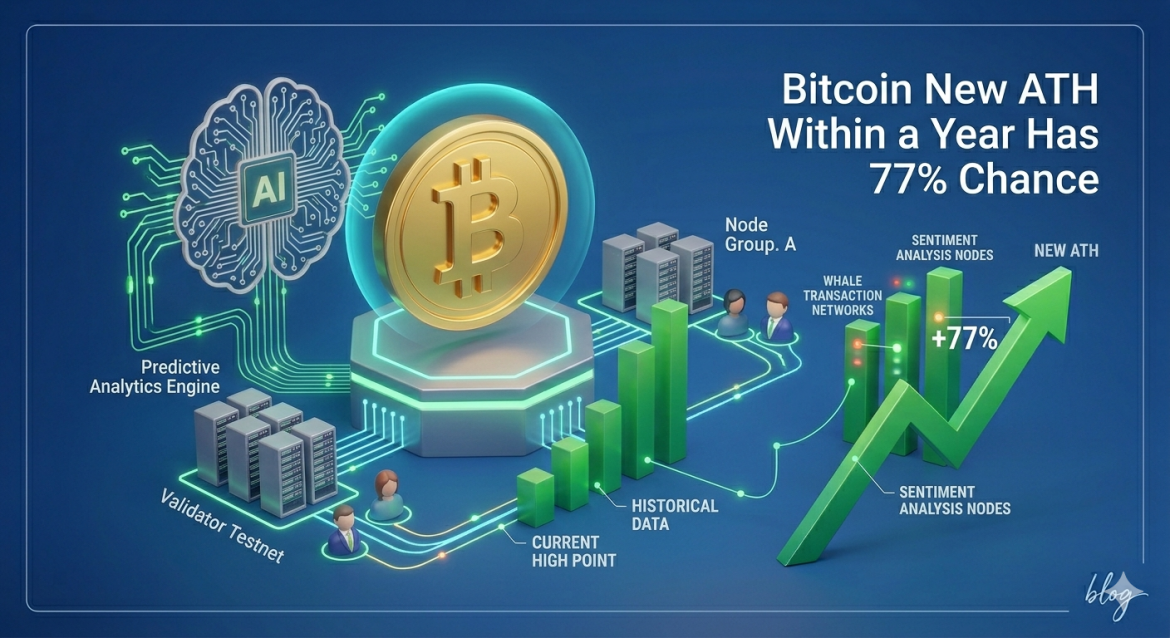 A detailed 3D isometric conceptual illustration on a deep blue gradient background. A glowing cyan human-AI brain with the text 'Predictive Analytics Engine' connects via data trails to a central gold Bitcoin (₿) coin on a pedestal. Data trails link validator server clusters (labeled 'Validator Testnet' and 'Node Group. A') and a rising green bar chart, featuring human figures. Smaller labels include 'HISTORICAL DATA', 'WHALE TRANSACTION NETWORKS', and 'SENTIMENT ANALYSIS NODES.' A large green upward-trending arrow points to 'NEW ATH' with a clear '+77%' data point within the trajectory. Large white sans-serif text in the top-right quadrant reads: 'Bitcoin New ATH Within a Year Has 77% Chance'. The entire composition is clean and technical, framed with a glowing border.