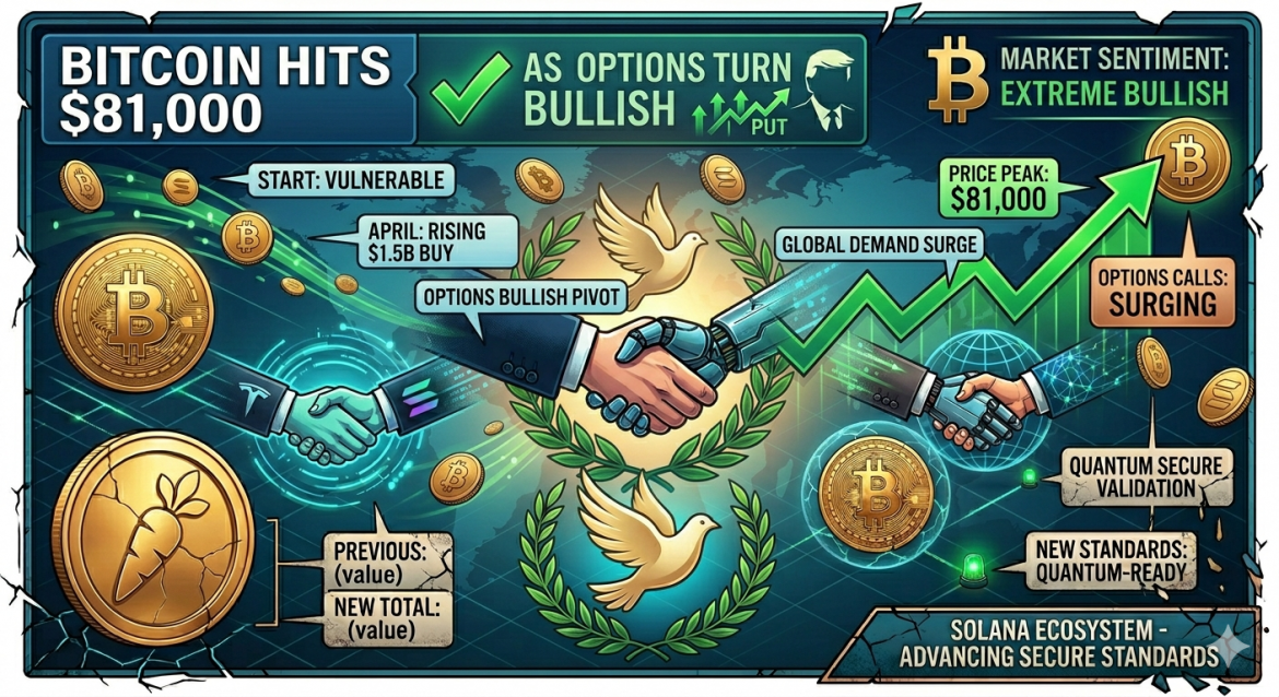 A detailed isometric infographic with a cautious blue-teal and coppery-gold color scheme, analyzing Bitcoin futures demand. Titled "BITCOIN HITS $81,000 AS OPTIONS TURN BULLISH," it features a massive upward green graph line tracing key market milestones like "INSTITUTIONAL BUY: $1.8B," "INSTITUTIONAL FLOW," and "OPTIONS CALLS: SURGING" towards a "$81,000" price peak. Three unified handshakes between a suit-clad hand, a cybernetic hand, and a network hand are below the graph, flanked by laurel wreaths and a white dove, replacing previous distress. Polished gold Bitcoin and Solana tokens float through the high-tech data landscape. Right-side and bottom banners show clean, polished text for "MARKET SENTIMENT: EXTREME BULLISH," "QUANTUM SECURE VALIDATION," and "SOLANA ECOSYSTEM - ADVANCING SECURE STANDARDS." The number '46' or '$37K' from previous images is not present. All text is clear.