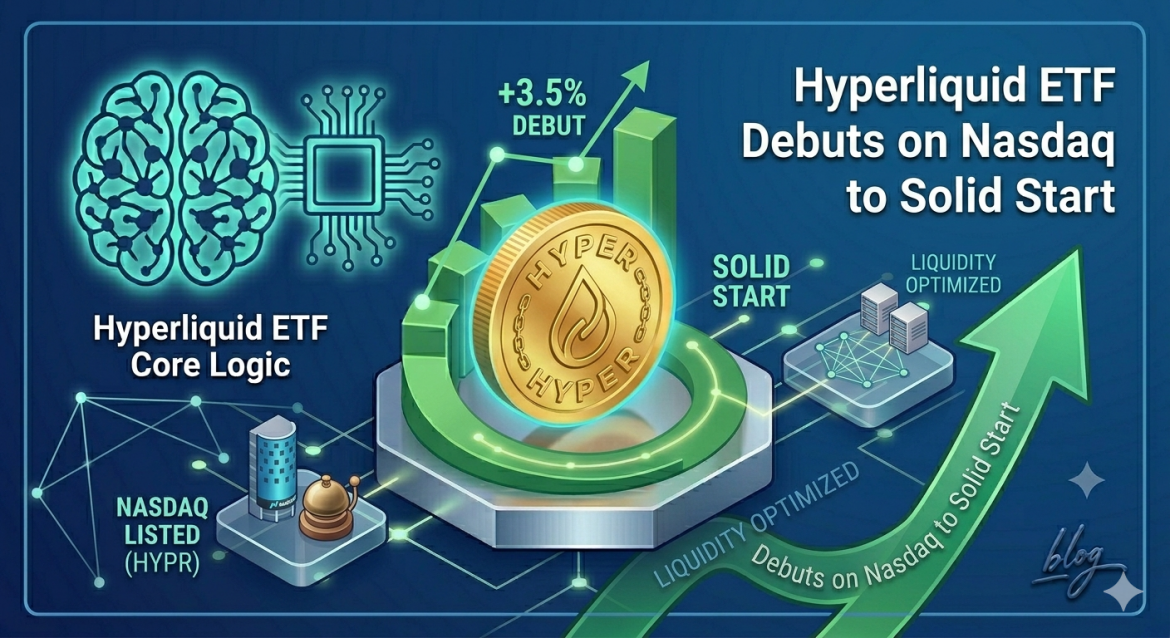 A futuristic conceptual illustration of the 'Hyperliquid ETF' (HYPR) debut on Nasdaq. The image features a gold coin with a droplet symbol on a central pedestal surrounded by a rising green growth chart. A glowing cyan human brain and chip on the left represent 'Core Logic,' while a stylized Nasdaq building and network grid icons on the right show 'Liquidity Optimized' and 'Solid Start.' Large white text declares: 'Hyperliquid ETF Debuts on Nasdaq to Solid Start.'
