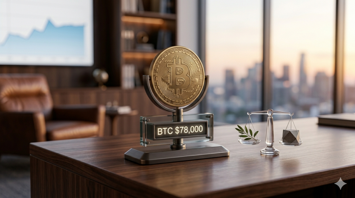 A brushed brass Bitcoin coin sits stably on a custom metallic base with a display showing '$78,000', on a polished wooden desk. The background is a calm, sunlit office window.