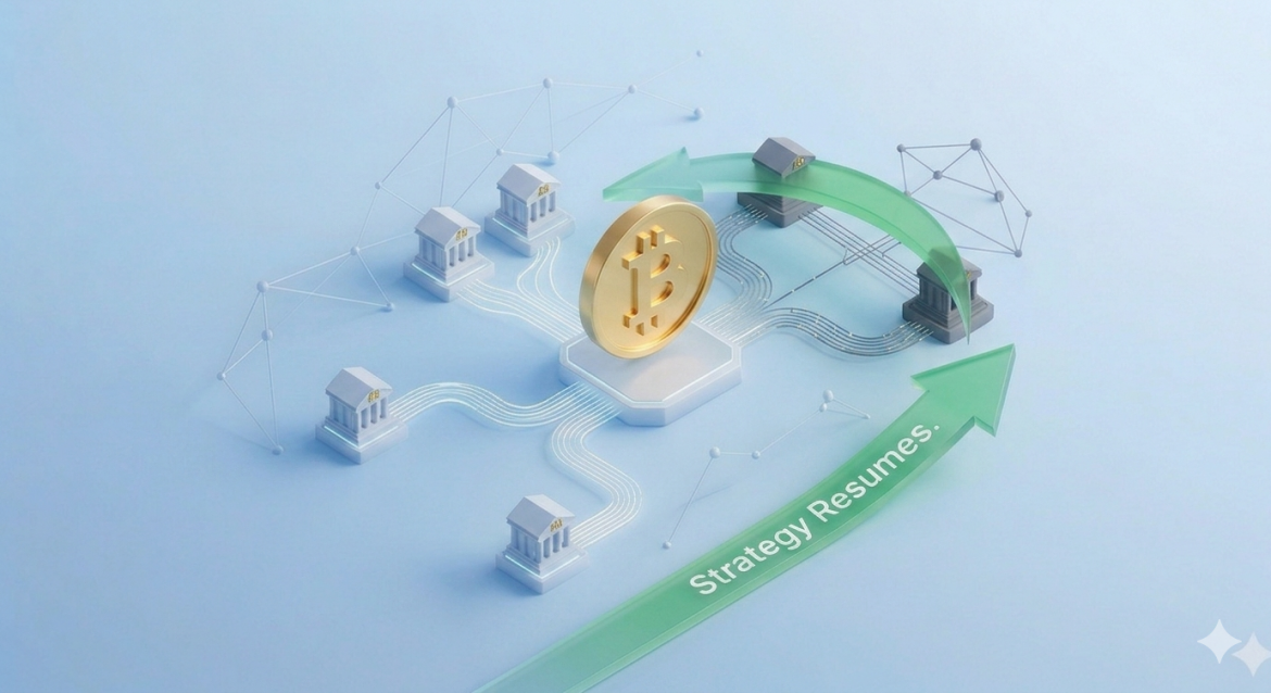 A 3D isometric illustration showing a large gold Bitcoin coin connected by light-paths to several institutional buildings, visualizing corporate adoption. A sweeping green arrow with the text 'Strategy Resumes.' indicates renewed action, set on a clean light blue background.