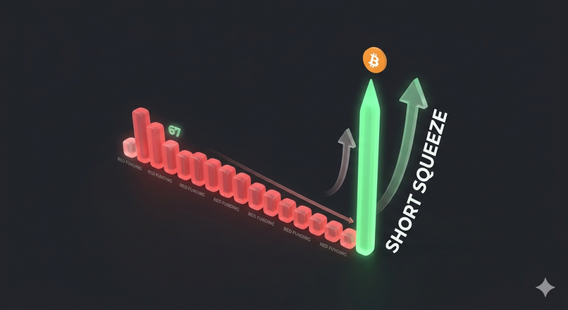 A 3D cryptocurrency bar chart showing a sharp upward spike labeled 'Short Squeeze' following a series of red bars labeled '67 Days Red Funding', visualizing the Bitcoin short squeeze setup.