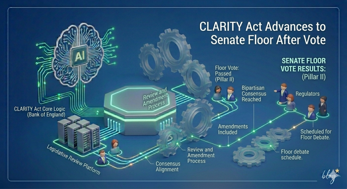 A high-resolution 3D conceptual infographic set against a deep blue circuit board surface with glowing cyan-green data pathways. On the left, a glowing neon-cyan neural network brain labeled 'CLARITY Act Core Logic (Bank of England)' remains connected to the legislative review platform with the server racks and small miniature human figures (Regulators). In the center, a gold hex-coin and a series of interlocking large grey-blue gears, labeled 'Review and Amendment Process (Pillar II)', are integrated into the network. Large, crisp white sans-serif text in the upper-right quadrant clearly reads: 'CLARITY Act Advances to Senate Floor After Vote'. Integrated text blocks on the right state: 'Passed floor vote (Pillar II)', 'Amendments included', and 'Scheduled for floor debate.' Small human figure miniature (Regulators) icons are positioned near these new text blocks. Soft, directional neon lighting casts reflections on the polished surface and the remaining components. The entire composition is clean, technical, and focused on the new title. A tiny star icon remains in the lower right, without text.