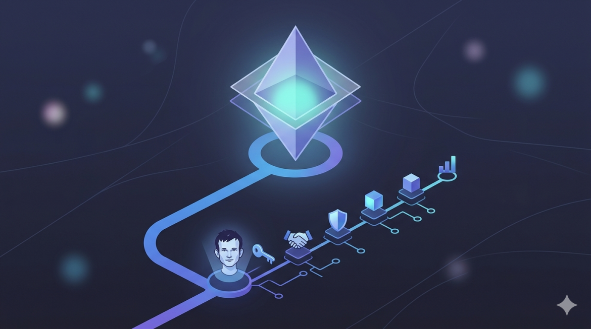 Abstract illustrative graphic showing an Ethereum logo with internal privacy layers. A geometric roadmap path with small milestones leads towards an image of Vitalik Buterin. Cool blues and purples.
