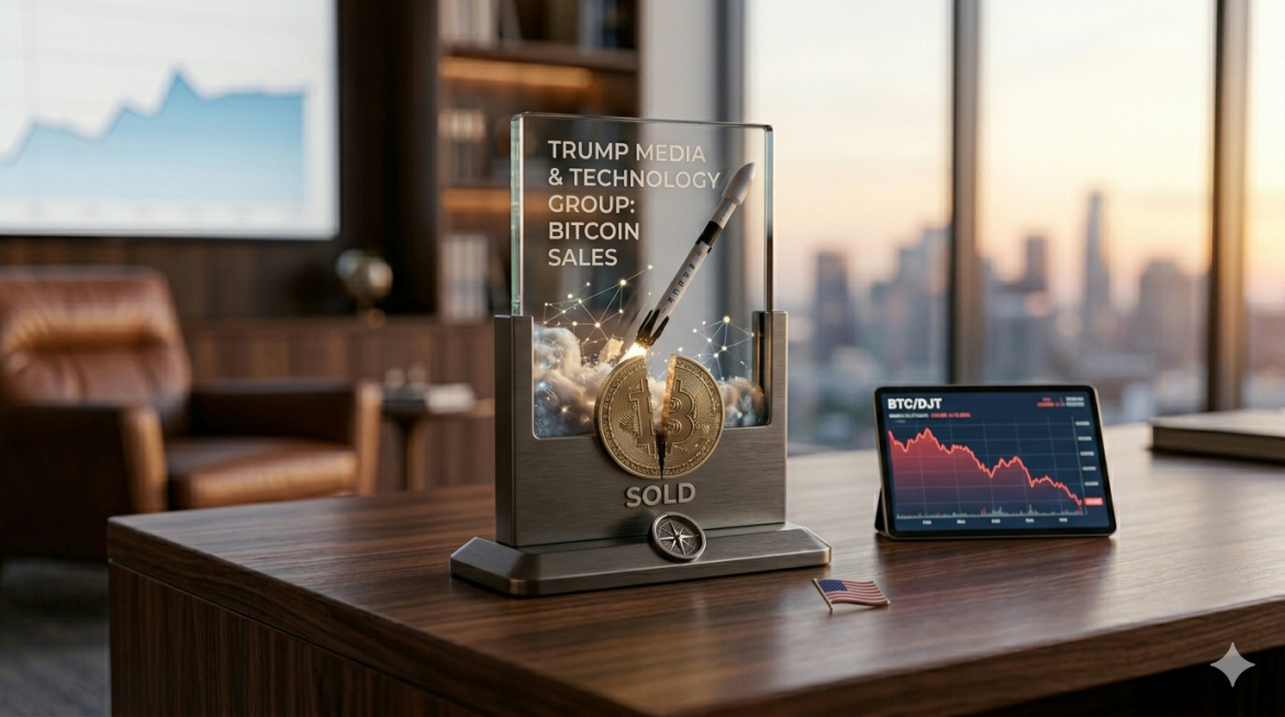 A commorative physical display on an executive desk, featuring a SpaceX Falcon 9 model lowering a splitting Bitcoin coin. A tablet screen nearby shows a downward financial chart in a professional office.