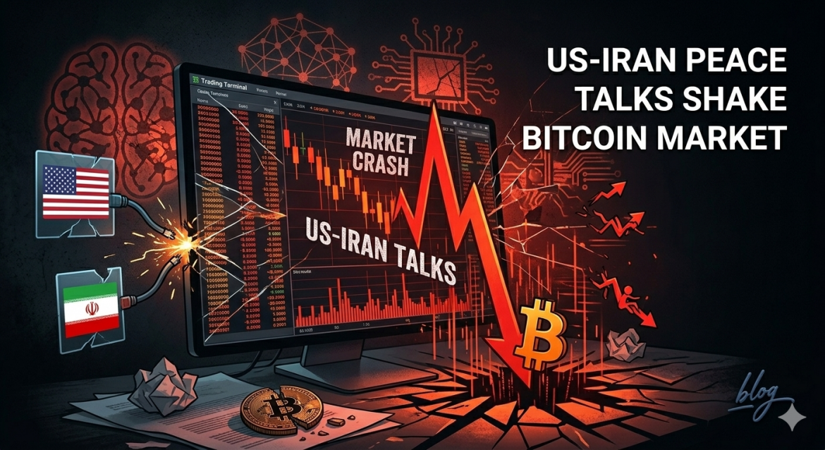 A conceptual illustration against a dark background, showing a large trading terminal screen labeled 'MARKET CRASH' with collapsing red charts and a massive downward vertical red spike. The text 'US-IRAN TALKS' is visible on the screen, indicating a drop. Red light from the fractured screen illuminates broken US and Iran flag icons and a dropping orange Bitcoin (₿) logo. The scene visualizes market panic on a fractured dark void, suitable as a blog featured image.