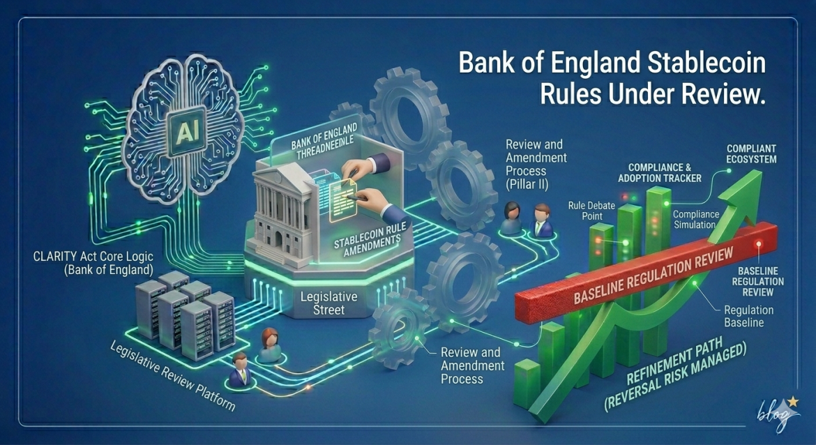 A conceptual 3D isometric illustration set against a deep blue background with glowing connection points. On the left, a glowing cyan human-AI brain and circuit board network is labeled as 'CLARITY Act Core Logic (Bank of England)'. This network connects via data trails to a central stylized miniature model of the US Capitol building made of transparent glass, labeled as 'Senate Review Platform'. Inside the building, miniature hands are meticulously editing glowing data packets labeled 'AMENDMENT PACKETS'. Large, transparent, interlocking grey-blue gears, labeled as 'Review and Amendment Process (Pillar II)', are integrated into the connections. To the right, a rising green graph with small lights shows 'COMPLIANCE & ADOPTION TRACKER' and 'COMPLIANCE SIMULATION' (labeled). A large green arrow trajectory is labeled 'REFINEMENT PATH (REVERSAL RISK MANAGED)' (labeled). Large white text declares: 'Bank of England Stablecoin Rules Under Review'.
