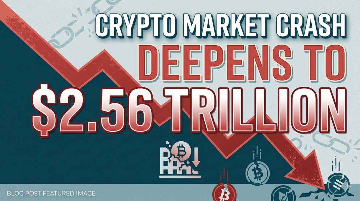A dramatic illustrative graphic for a blog post showing a sharp red downward-trending arrow cutting through large text. The title text at the top reads "CRYPTO MARKET CRASH" and below it in large red letters, "DEEPENS TO". The central figure is a massive "$2.56 TRILLION" rendered in white, bold numbers with a red outline. A broken chain and scattered, falling Bitcoin (₿) coins are at the bottom.