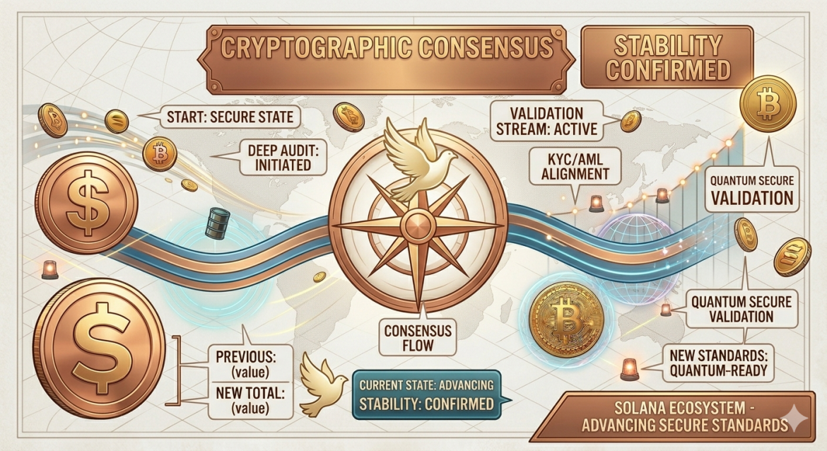 A complex conceptual infographic illustration with a coppery-gold and distressed teal color palette, presented in an aged, fractured paper art style. Titled "CRYPTOGRAPHIC CONSENSUS & MARKET FRACTURES: A DIVIDED STATE," it features a massive multi-path coppery graph line tracing key market milestones like "START: SECURE STATE" and "GLOBAL DEMAND SURGE" towards "STABILITY: CONFIRMED" with an upward coppery arrow. Below the graph, three unified handshakes (between a human hand, a robot hand, and a network hand) are central, flanked by laurel wreaths and a white dove, all surrounded by intricate coppery data circuits and world map nodes. Floating polished gold Bitcoin and Solana tokens are abundant. Right-side and bottom banners specify clean, polished text for "QUANTUM SECURE VALIDATION," "NEW STANDARDS: QUANTUM-READY," and "SOLANA ECOSYSTEM - ADVANCING SECURE STANDARDS." The coppery Carrot-logo symbol is present. Red sirens from prior images are replaced by clean data lights. All other text from prior images like "$1.5B BUY" or "STALLED STATUS" are removed. Text is crisp and dominant.