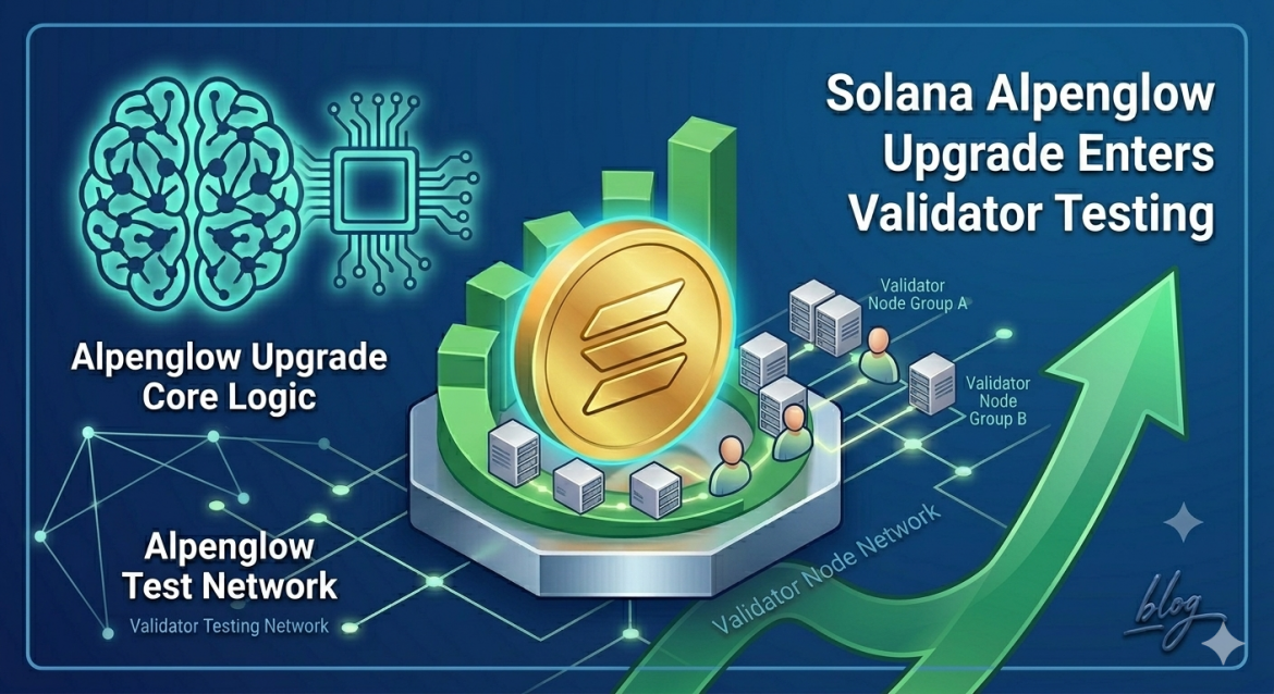 A 3D isometric conceptual illustration against a blue background, showing a glowing cyan human brain and chip for 'Alpenglow Core Logic', a central gold Solana coin, and several validator server racks connected by light trails to human figures representing node groups. A large green arrow points dramatically upward, labeled 'Validator Node Network,' visualizing backward progress. Large white text reads: 'Solana Alpenglow Upgrade Enters Validator Testing'.