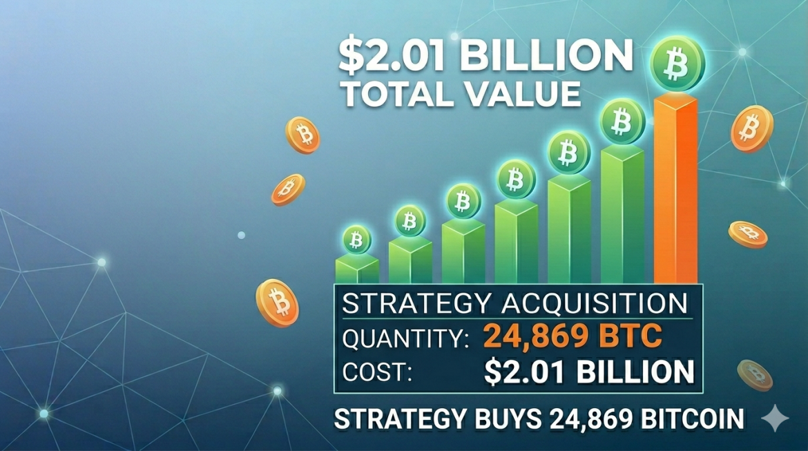 An infographic chart showing corporate Bitcoin acquisition progress, escalating from teal to an orange bar labeled '$2.01 Billion Total Value,' with a breakdown for 'Strategy Acquisition' at 24,869 BTC.