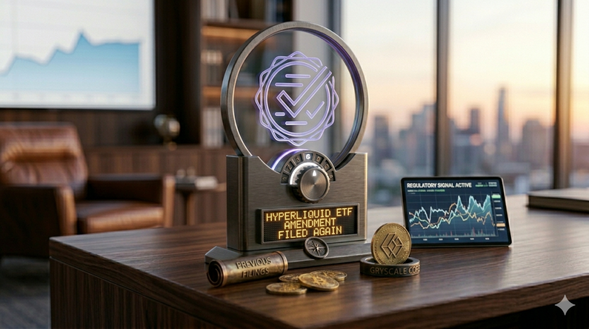 A custom dark metal and glass 'regulatory signal' device on an executive desk at twilight, showing an etched glowing regulatory approval stamp. A mechanical dial is highlighted below. An LED display below says 'HYPERLIQUID ETF AMENDMENT FILED AGAIN'. A tablet with a chart showing complex lines and 'REGULATORY SIGNAL ACTIVE' is nearby, along with Bitcoin coins and a small metallic scroll in a professional office.