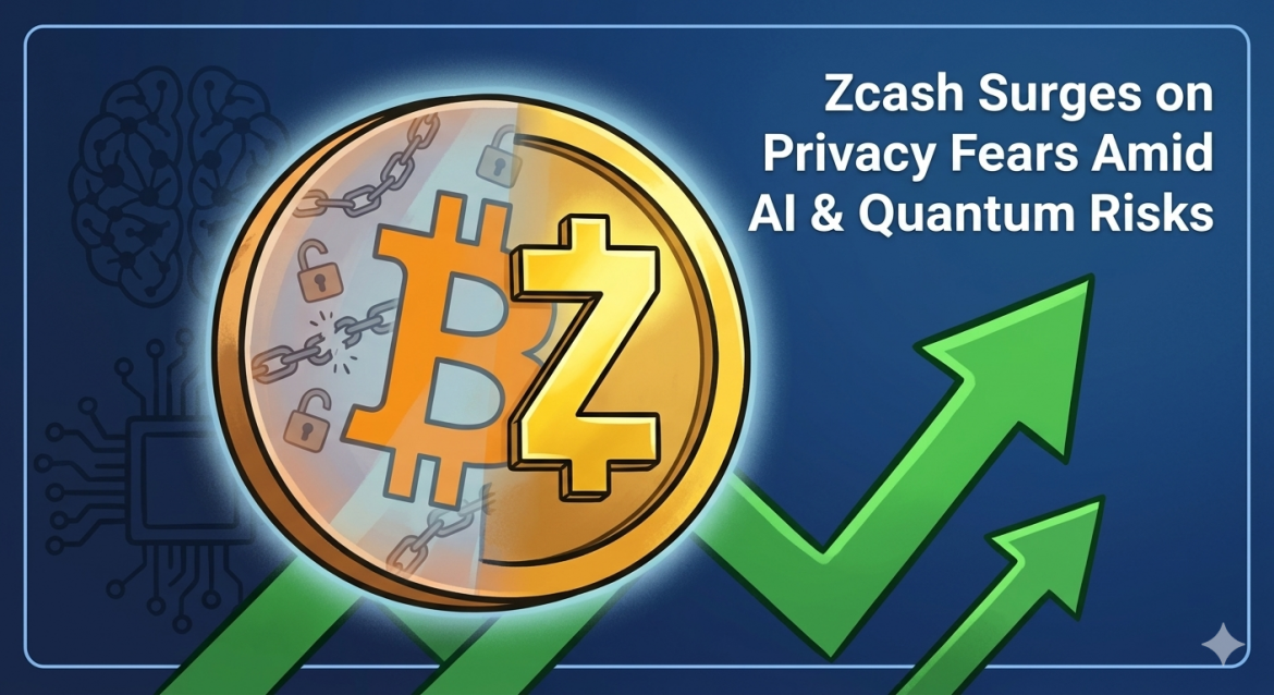 A conceptual illustration of a crypto coin featuring combined Bitcoin and Zcash logos, with the Bitcoin side showing broken privacy locks. An green arrow surges upwards next to AI-style network motifs, symbolizing Zcash growing due to privacy concerns about new tech. The text 'Zcash Surges on Privacy Fears Amid AI & Quantum Risks' is visible.