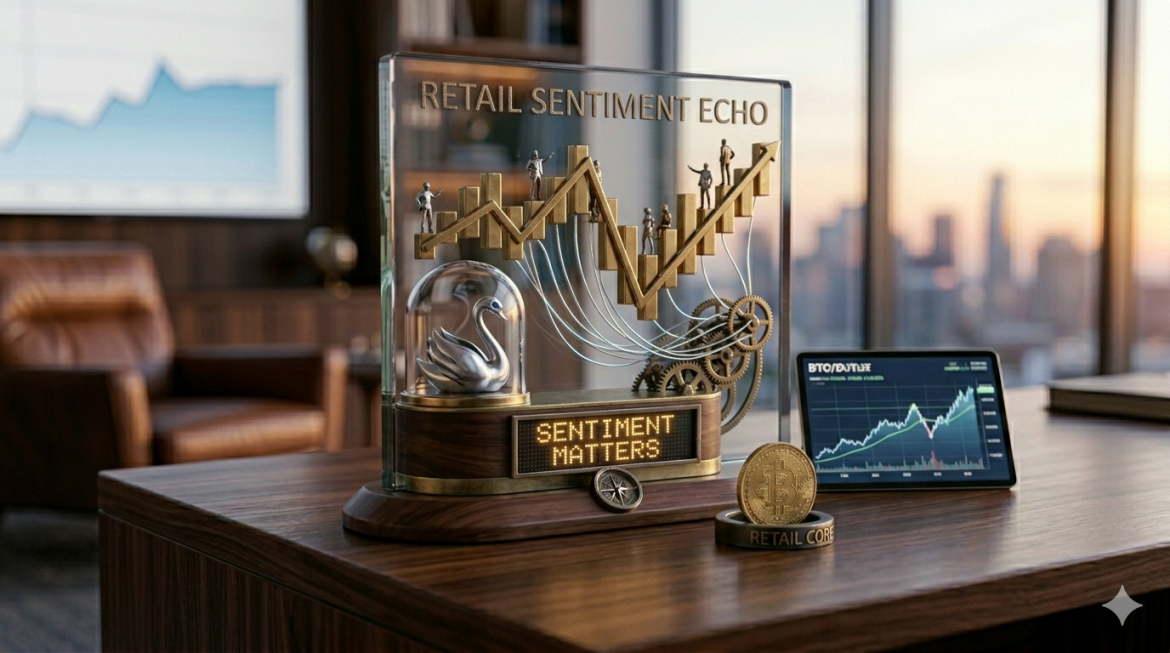 A custom dark metal and glass 'retail sentiment echo' device on an executive desk at twilight, showing a complex brass 'sentiment graph' structure with diverse retail figures and an integrated silver swan under a glass dome. An LED display below says 'SENTIMENT MATTERS'. A tablet with a chart and Bitcoin coins are nearby in a professional, slightly dim office.