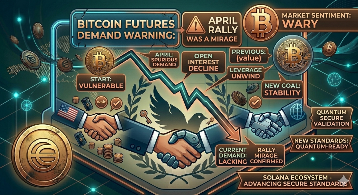 A detailed isometric infographic with a cautious blue-teal and coppery-gold color scheme, analyzing Bitcoin futures demand. Titled "BITCOIN FUTURES DEMAND WARNING: APRIL RALLY WAS A MIRAGE," it features a prominent coppery graph line tracing key market milestones like "SPURIOUS DEMAND," "OPEN INTEREST DECLINE," and "LEVERAGE UNWIND" towards a "LACKING" current demand. Three unified handshakes between a suit-clad hand (with US flag motif), a cybernetic hand, and a diplomat hand are shown, surrounded by coppery keys, stacks of coins, and coppery stability symbols, replacing previous distress. The scene features a clean data grid world map and tarnished but intact gold-plated Bitcoin icons. Right-side banners read "SOLANA ECOSYSTEM - ADVANCING SECURE STANDARDS" in a clean and polished form. All text is clear.
