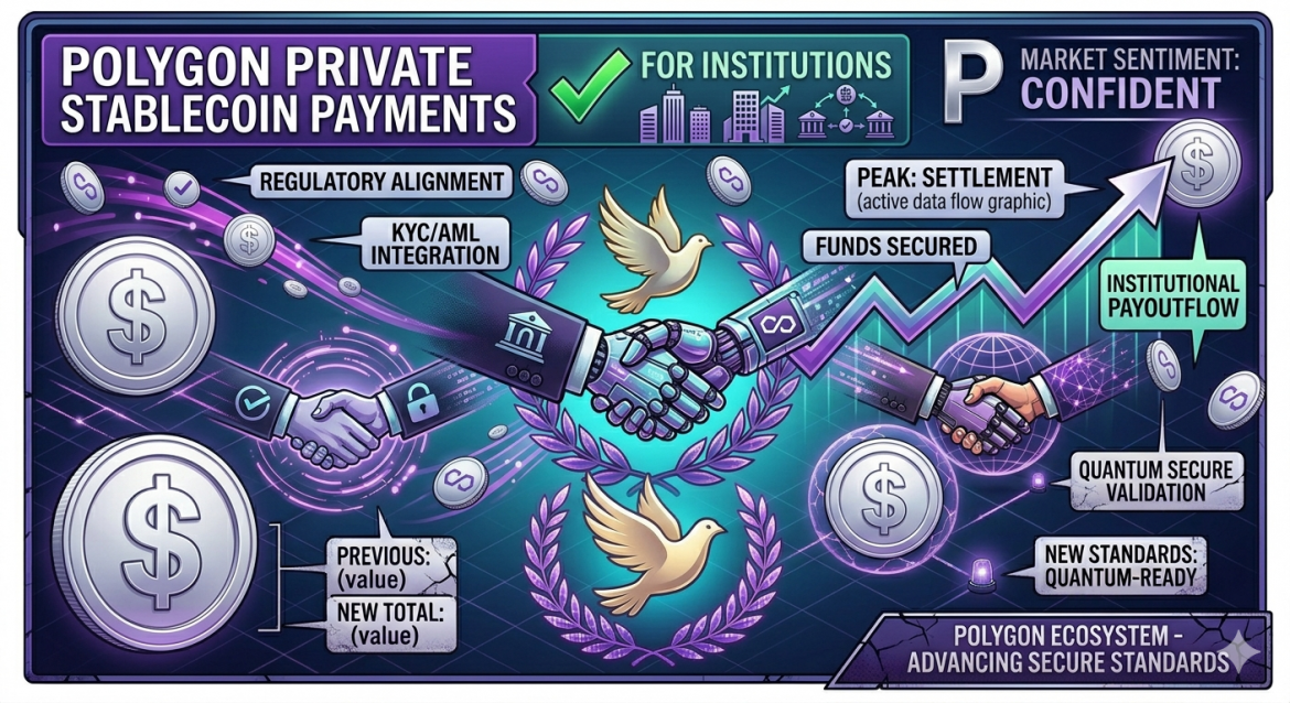 A comprehensive illustrative infographic visualizing Polygon's institution-focused private stablecoin payments system. The graphic features a prominent text banner "POLYGON PRIVATE STABLECOIN PAYMENTS FOR INSTITUTIONS" with an upward-trending market graph connecting various key compliance and transaction milestones like "KYC/AML INTEGRATION," "REGULATORY ALIGNMENT," and "FUNDS SECURED," leading to a final silver coin marked "INSTITUTIONAL PAYOUTFLOW." A central handshake between two intricate cybernetic hands is below the graph, framed by laurel wreaths and a golden dove. The scene features a clean data grid world map background with polished silver stablecoin and gold Polygon tokens. Banners on the right indicate "MARKET SENTIMENT: CONFIDENT" and "QUANTUM SECURE VALIDATION." At the bottom, a banner reads: "POLYGON ECOSYSTEM - ADVANCING SECURE STANDARDS." The whole piece has a polished, high-tech, and confident blog header feel. The number '46' or '$37K' from previous images is not present. The text is crisp and dominant. Red sirens are removed and replaced with clean data lights.