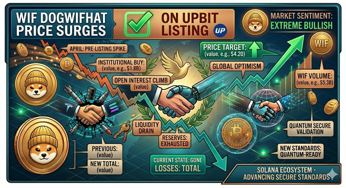 A complex digital illustration and conceptual infographic with a clean, vibrant blue, teal, orange, and gold palette, visualizing "WIF DOGWIFHAT PRICE SURGES ON UPBIT LISTING." The main header panel features a Trump silhouette and green checkmark. A massive upward green data stream graph line traces key automated market milestones, moving from "VULNERABLE accumulation" through "INSTITUTIONAL BUY: $1.8B" and "GLOBAL OPTIMISM," culminating in a large gold Bitcoin at the peak with "PRICE TARGET: $4.20" and a prominent green arrow. Below the graph, a central cluster of conceptual handshakes (between human-suit, cybernetic, and network hands with a clear Solana logo) are flanked by fresh laurel wreaths and a white peace dove, all free of previous distress. Pristine gold WIF and Bitcoin tokens float through the high-tech data landscape. At the lower left, a large gold carrot coin is present. Right-side panels specify clean, polished text for "MARKET SENTIMENT: EXTREME BULLISH," "WIF VOLUME: $5.3B," "QUANTUM SECURE VALIDATION," and "NEW STANDARDS: QUANTUM-READY." At the bottom, a banner reads: "SOLANA ECOSYSTEM - ADVANCING SECURE STANDARDS." Text is crisp and dominant. The number '46' or '$37K' from previous images is not present. Red sirens are removed and replaced with clean data lights.